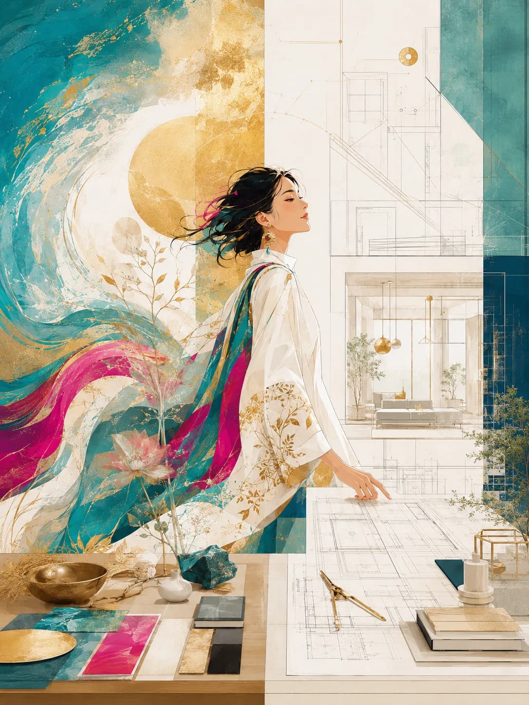アクアと金の波、設計図面とともに立つ女性 — 美しさとロジックを描いたアートコラージュ