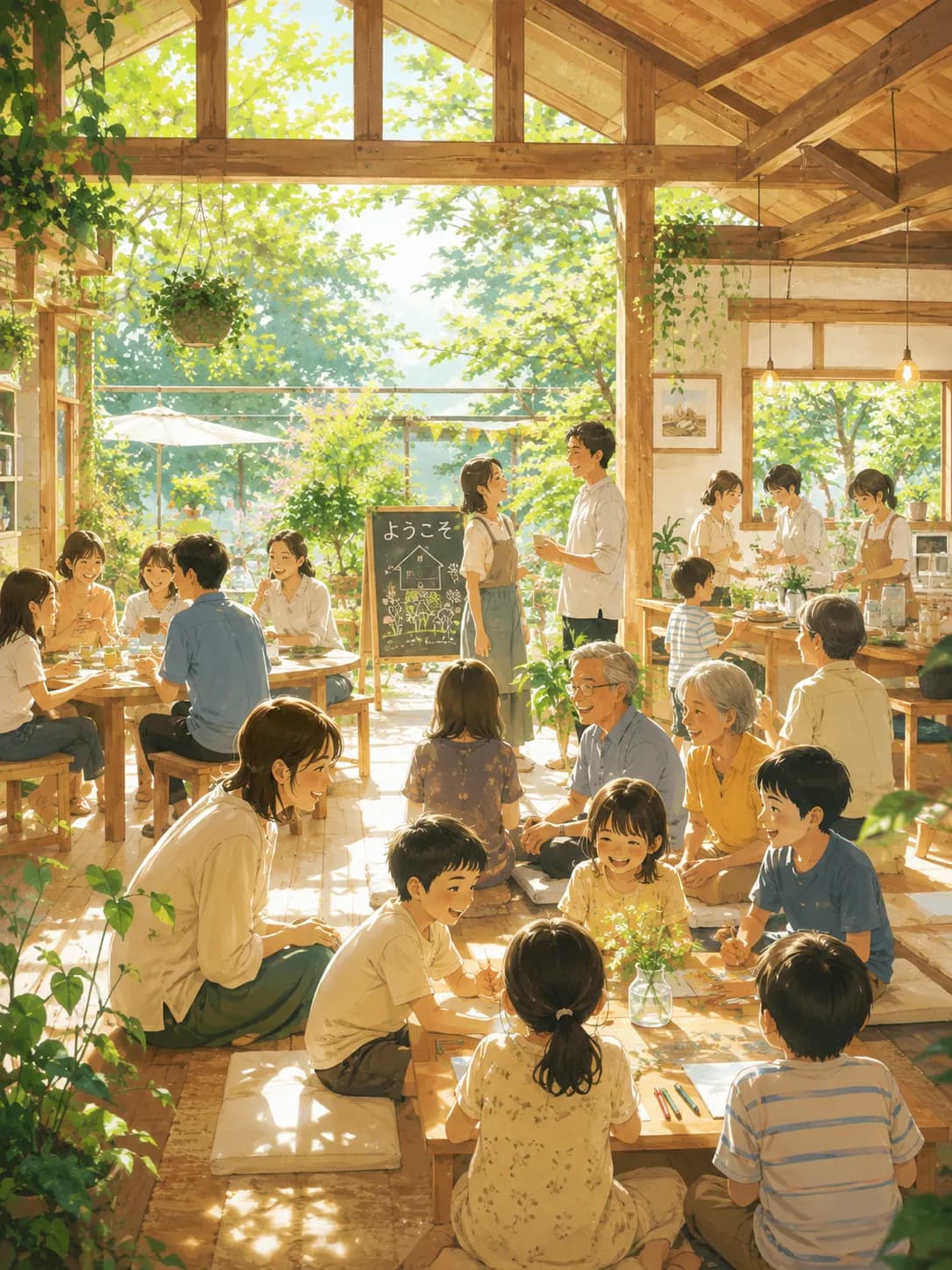 木の家に大人も子どもも集う、あたたかな居場所のイラスト